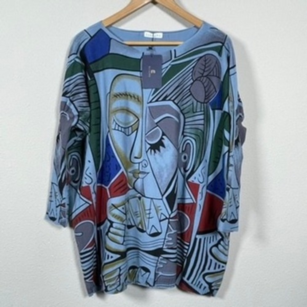 Ellazhu Graphic Knit Sweater Womens One Size Blue New Picasso Cubist Art Top